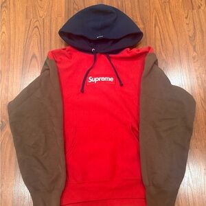 Supreme Red Hoodie with Black Hood and Brown Sleeves